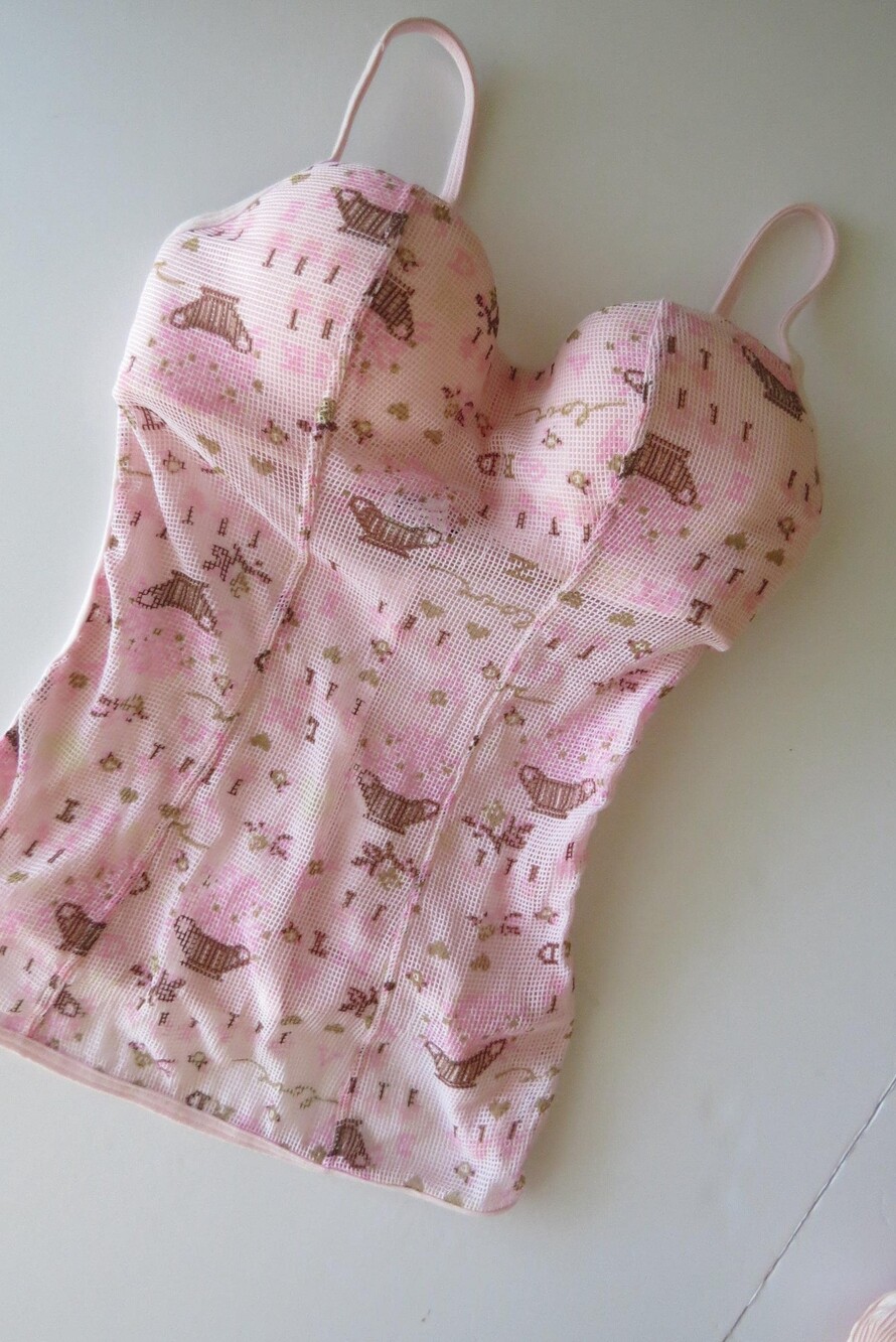 Vintage Italian NTW Deadstock Pink Mesh Corset Cami / Bustier, Teapot Print 2000